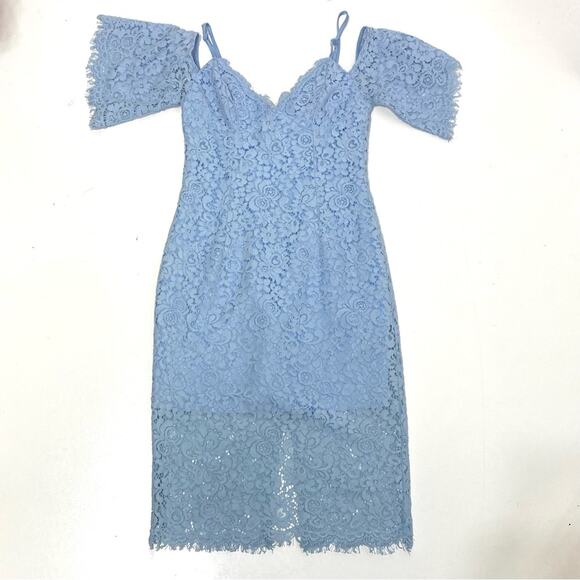 Bardot Karlie Cold Shoulder Blue Lace Midi Cocktail Dress - Picture 1 of 12